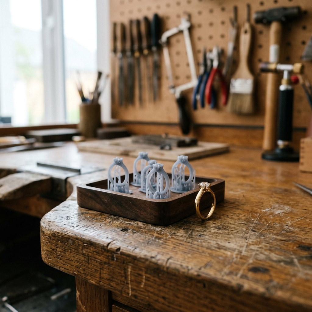 A tray of small castable resin ring patterns fresh from a 3D printer beside a finished cast gold ring on a jeweler's bench