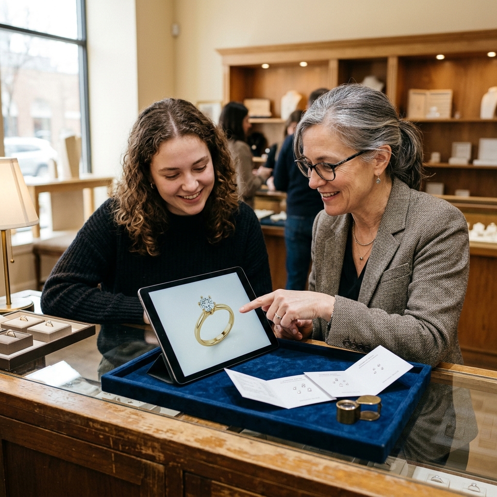 A jeweler and a customer at a boutique counter reviewing an AI jewelry design concept of a ring on a tablet beside real gemstones