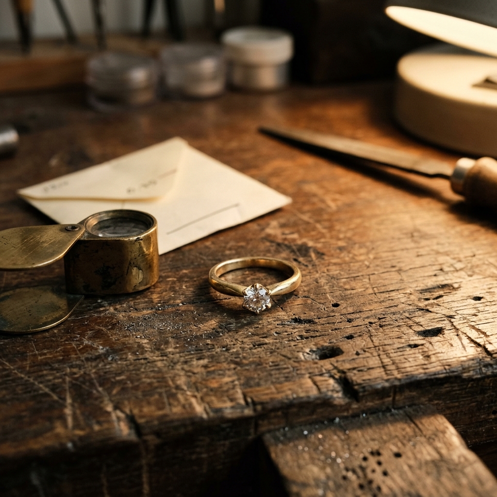 A custom yellow gold engagement ring with a round diamond resting on a jeweler's bench beside a loupe and a pricing worksheet