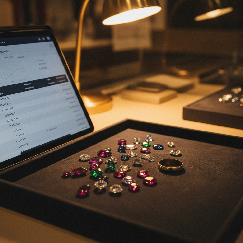 A jeweler's counter with a tablet showing a price estimate next to loose gemstones and a gold band on a velvet tray