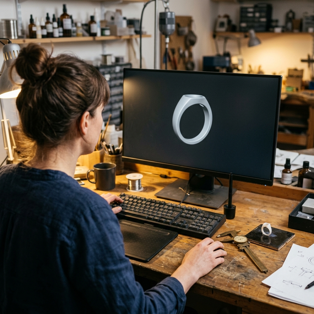 A jewelry CAD designer working at a dual-monitor workstation modeling a ring, with calipers and a wax model on the desk