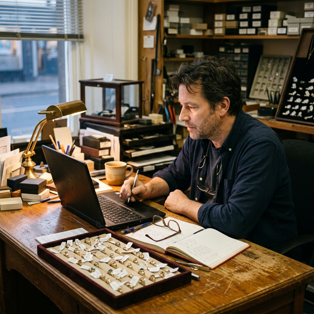A jewelry store owner at a back-office desk comparing jewelry store management software options on a laptop beside inventory trays