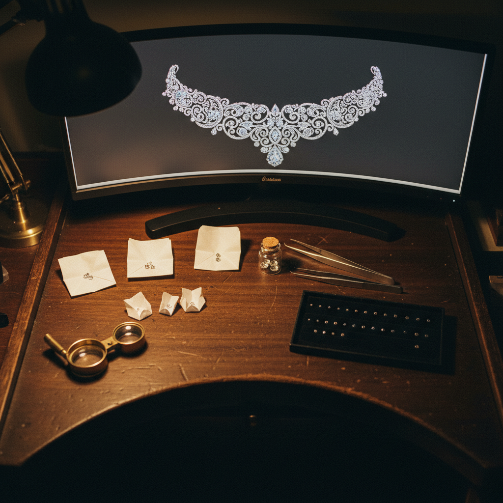 A dramatic AI-generated jewelry concept image on a monitor next to actual gemstones and a jeweler's loupe on a dark desk