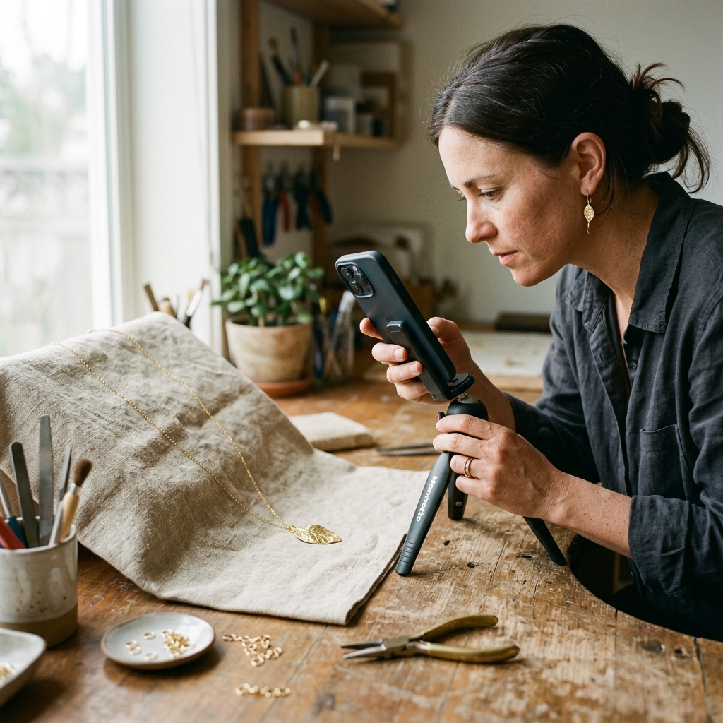A jewelry maker photographing a handmade gold necklace on a linen backdrop with a phone, ready to sell it online