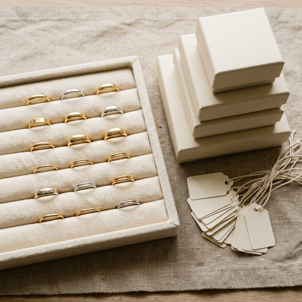 Unbranded gold rings on a velvet tray beside blank jewelry boxes and branded tags waiting to be applied