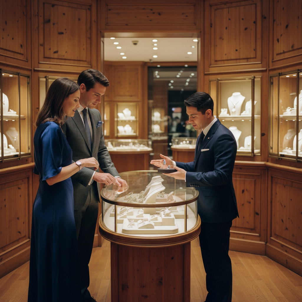 Warm interior of an upscale jewelry boutique with illuminated display cases