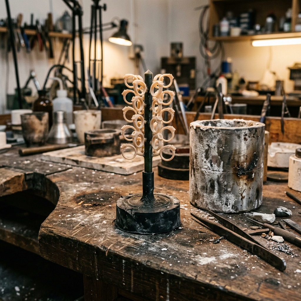 Castable resin ring patterns attached to a sprue tree beside a steel casting flask on a workshop bench
