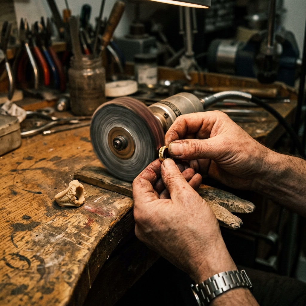 A jeweler's hands polishing a freshly cast gold ring at the bench, with the resin pattern it was cast from sitting nearby