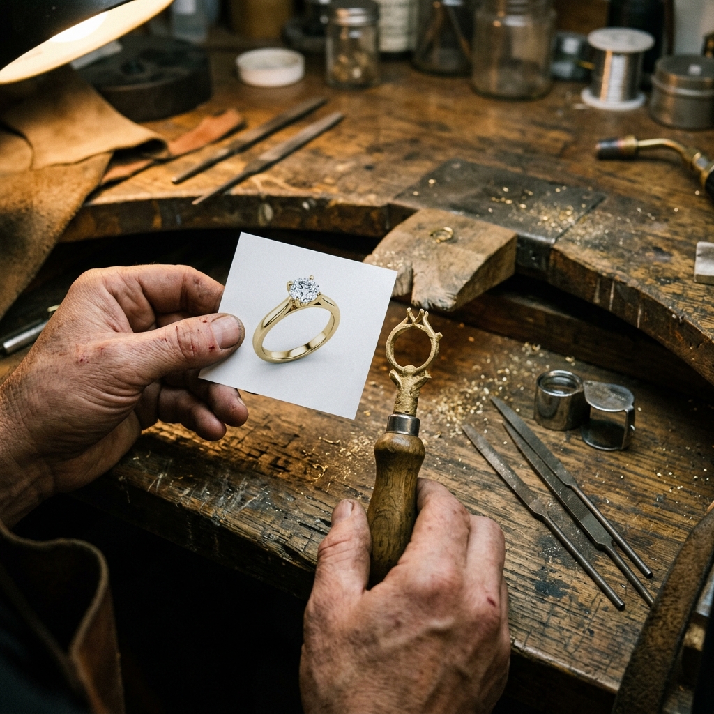 A bench jeweler comparing a printed AI concept image of a ring against a cast ring in progress at a worn wooden workbench