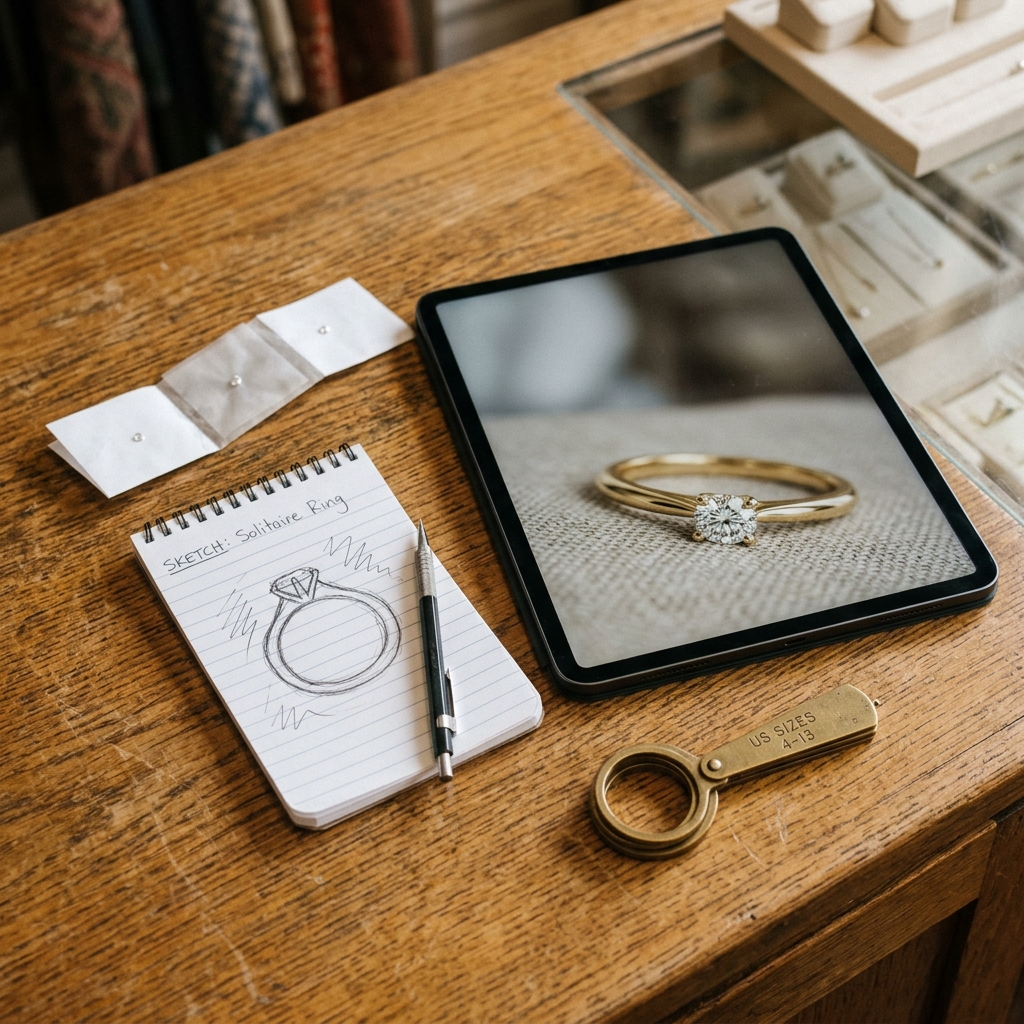 A customer's pencil sketch of a ring next to a tablet showing the AI-generated concept of the same ring in yellow gold