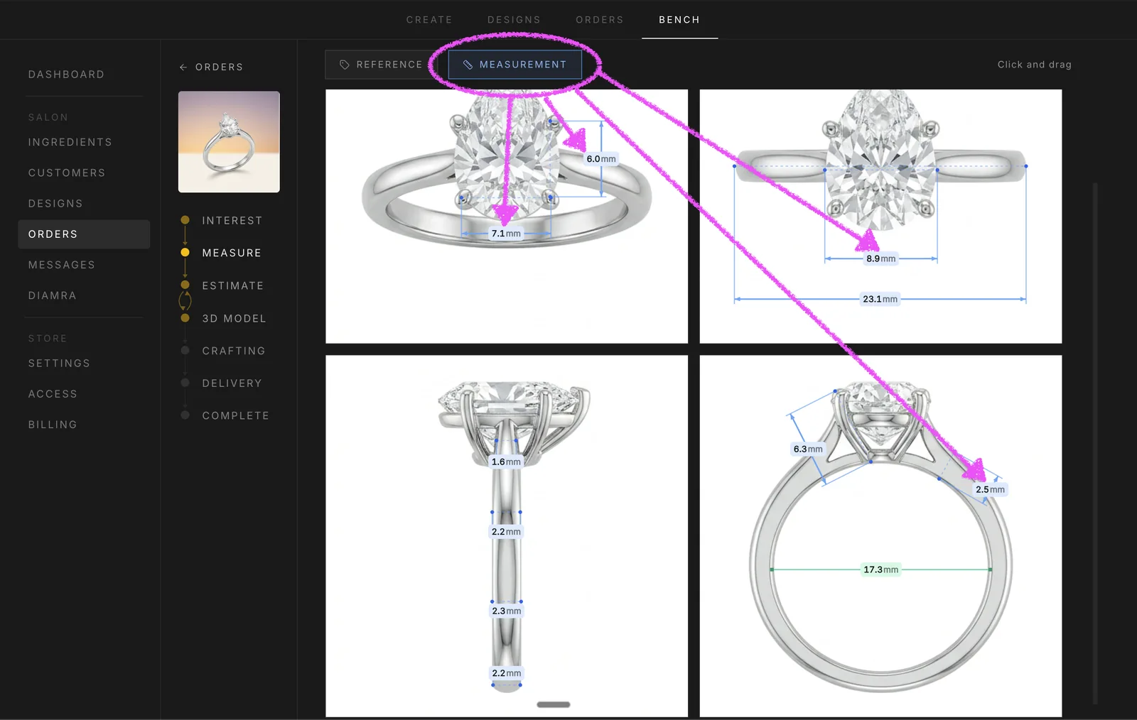 The Measure view showing four projections of a ring with reference and measurement lines drawn on each