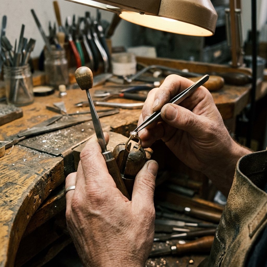 A bench jeweler setting a small round diamond into a gold ring under a bench lamp with fine tools