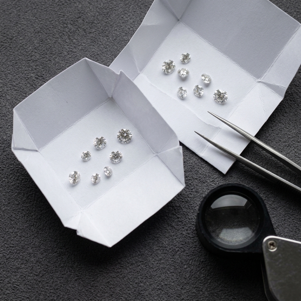 Loose diamonds of different sizes in folded paper parcels on a bench beside tweezers and a loupe