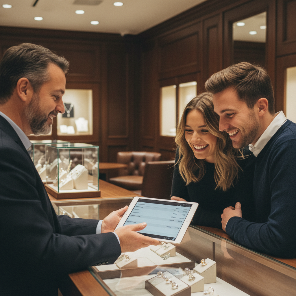 A jeweler showing a pricing breakdown to a smiling couple across a polished display counter
