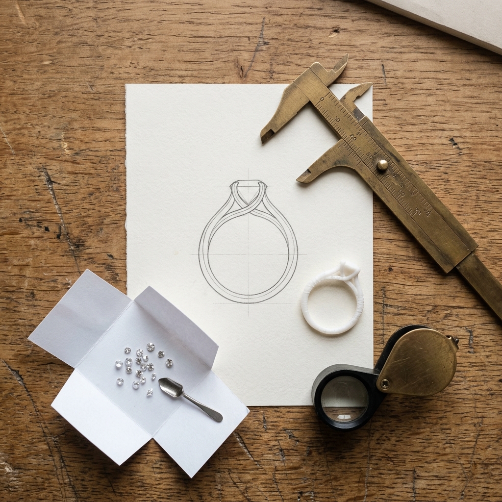 A jewelry CAD designer's desk with calipers, a printed technical drawing of a ring, and a resin printed wax model