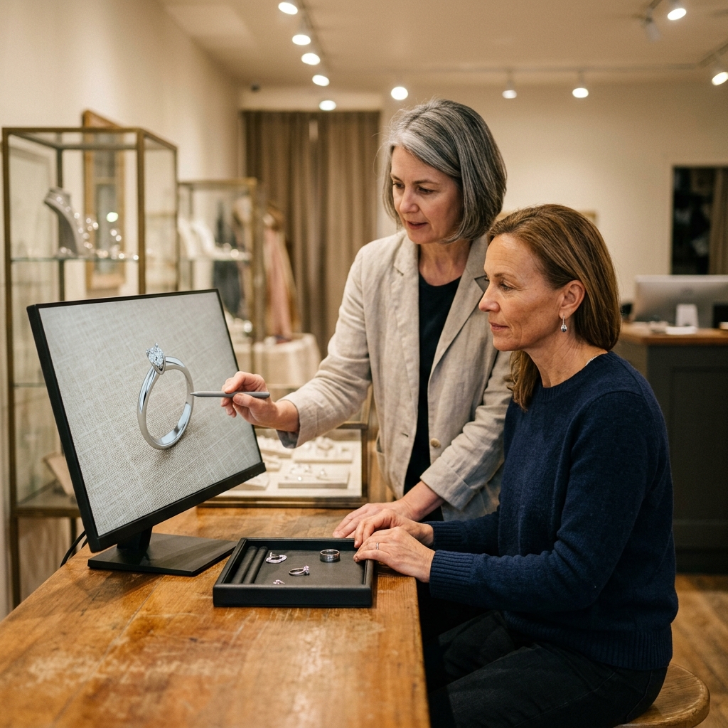 A jeweler and a customer at a store counter looking at a rendered ring concept together on a screen