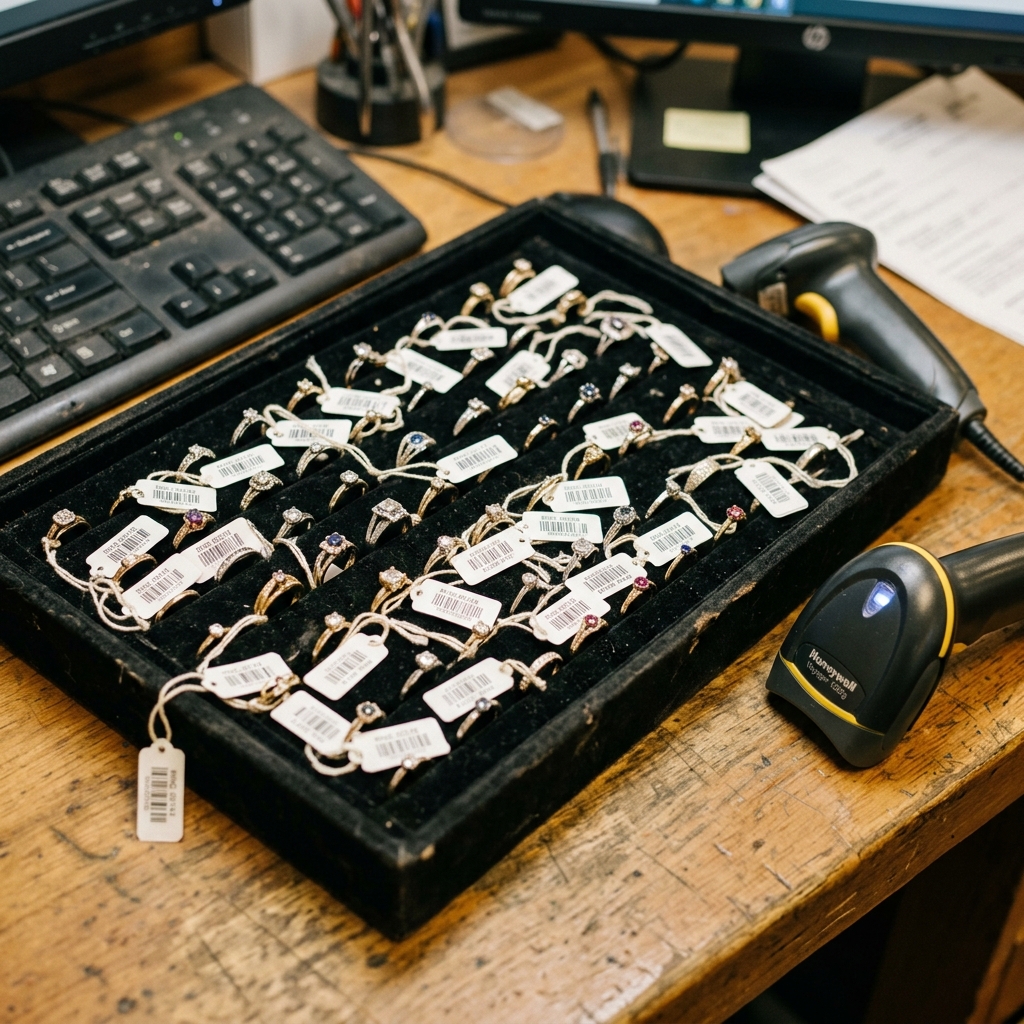 A jewelry store back office with tagged rings in an inventory tray beside a barcode scanner and a computer running store software