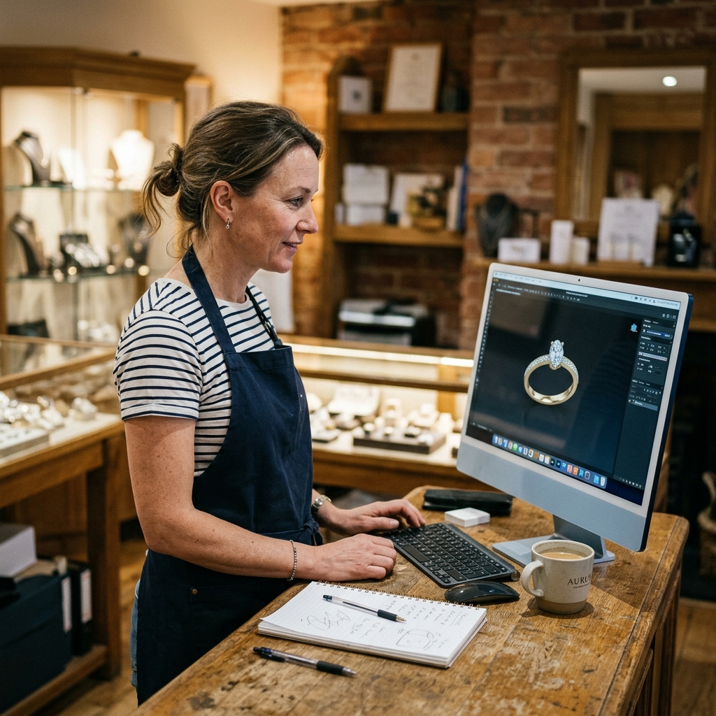 A jeweler reviewing an incoming custom ring order with a rendered concept image on a screen at the store counter