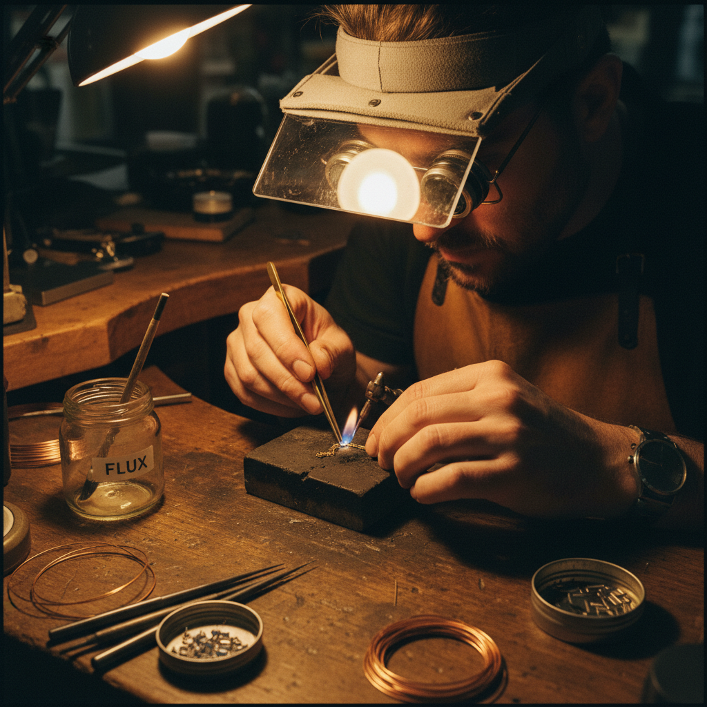 Close-up of a jeweler's hands repairing a delicate gold chain with fine tools on a worn wooden bench