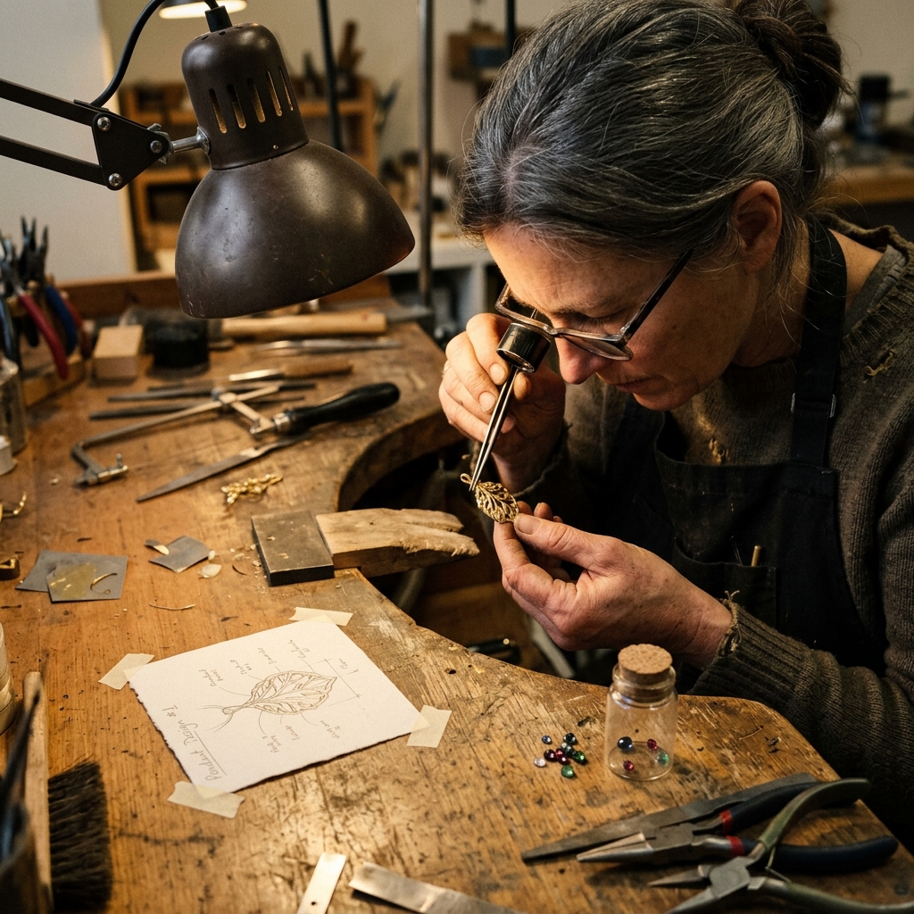 A handmade jewelry maker at a bench reviewing a custom pendant commission beside sketches and gemstones