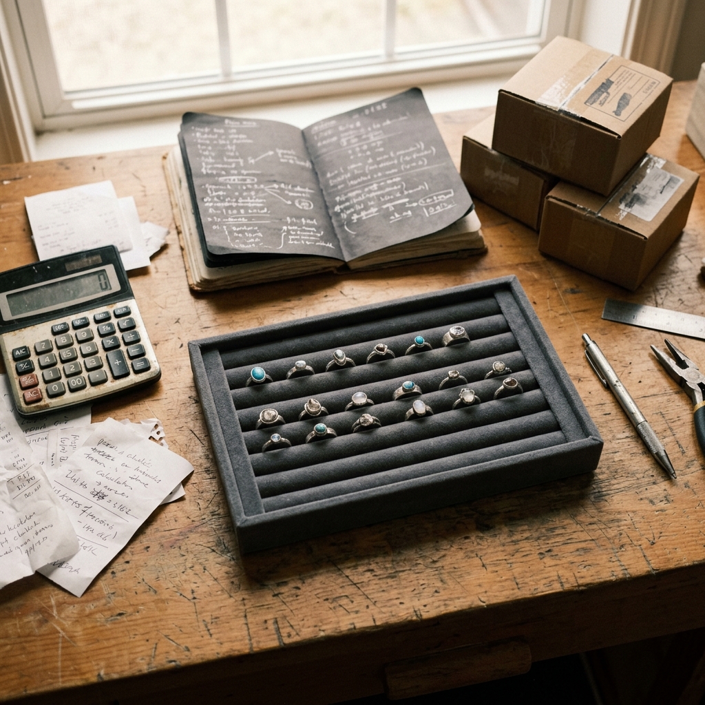A jewelry maker's desk with a calculator, shipping boxes, handmade rings in trays, and fee receipts spread out for pricing math