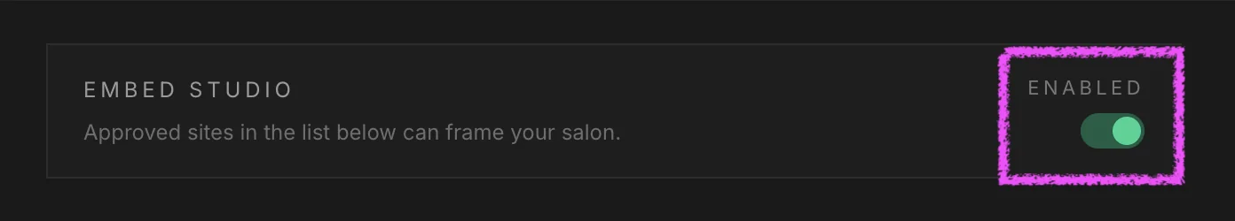 The Embed Studio toggle flipped to enabled, with the rest of the panel becoming editable