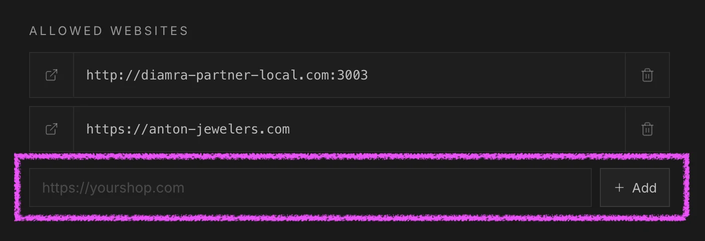 The Allowed websites section with one URL listed and the Add input below, showing that a single entry is enough