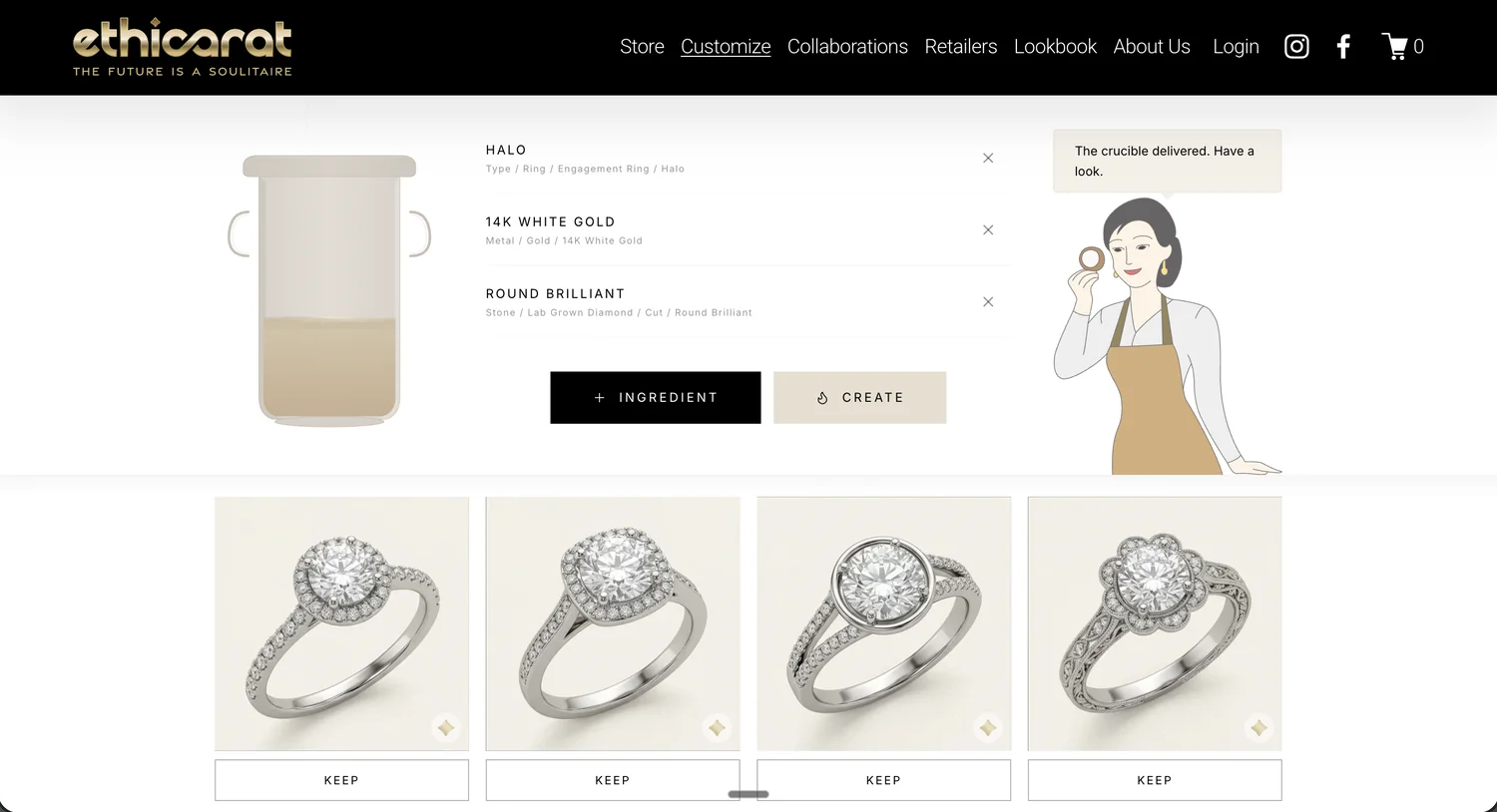 A live partner website with the Diamra studio embedded and a customer designing a ring inside it