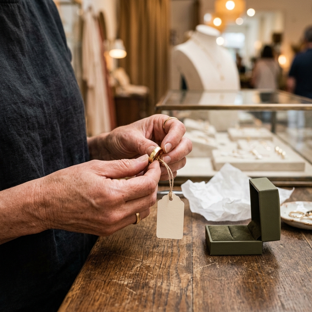 A store owner attaching her own branded tag to a finished gold ring at a boutique counter