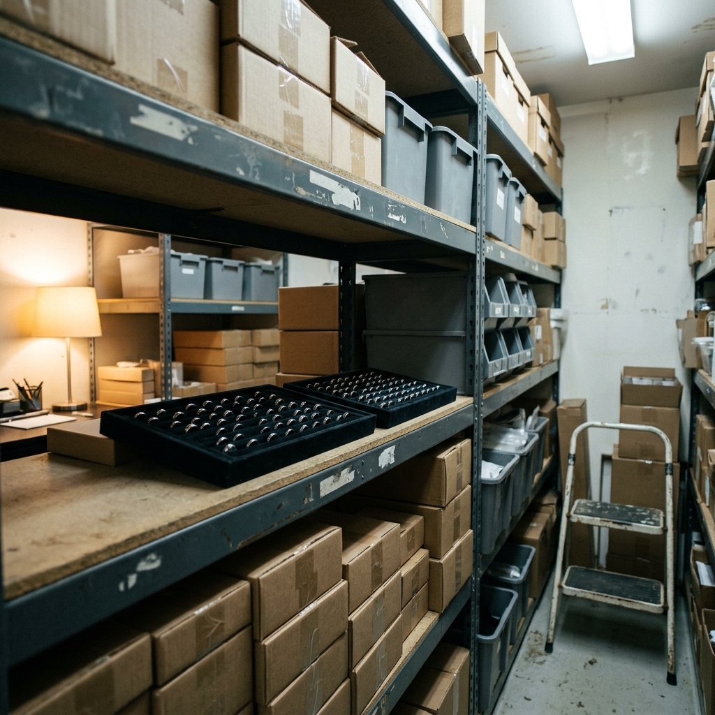 Stacked inventory boxes of unsold jewelry in a stockroom with a few velvet trays of rings on a shelf